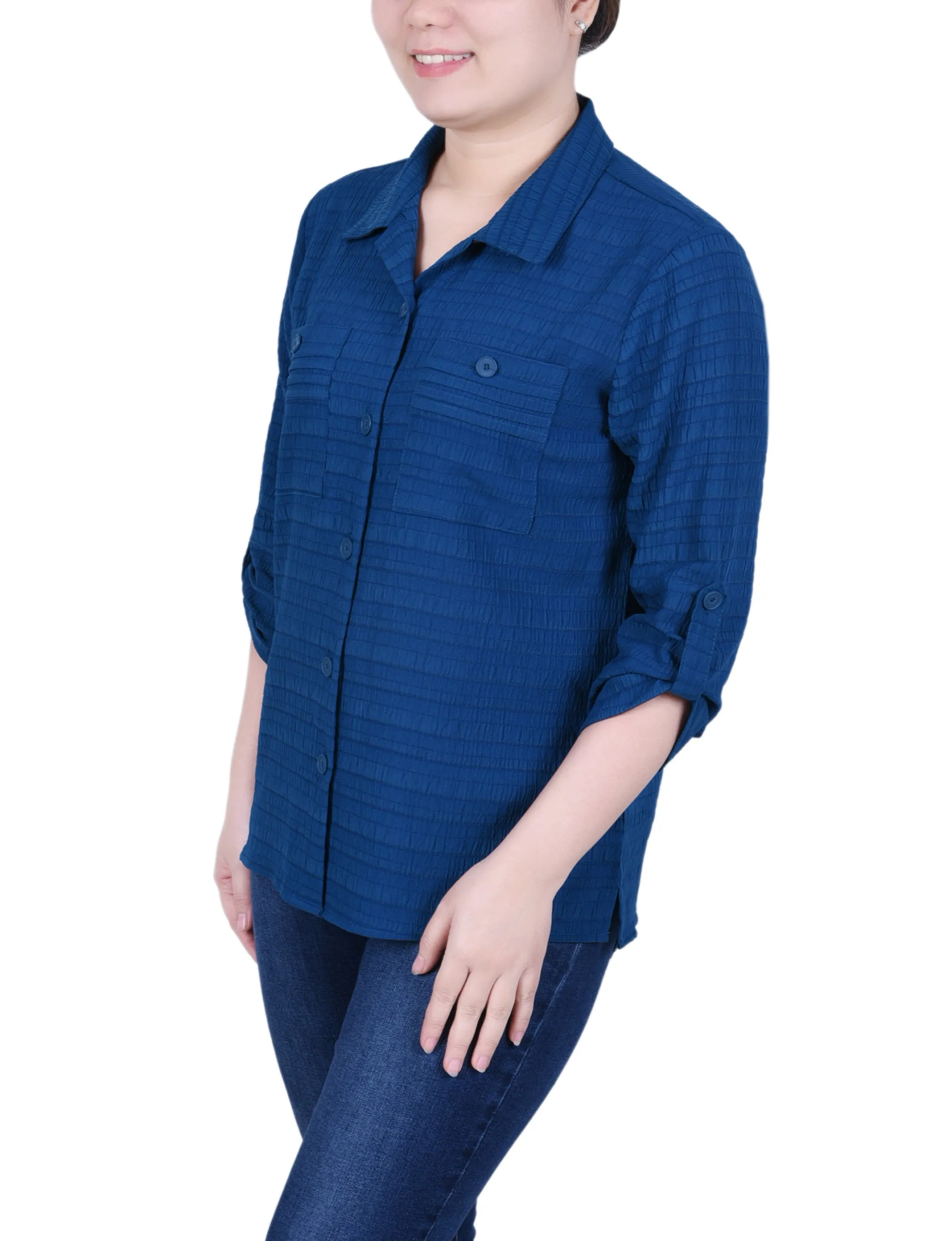 Long Roll Tab Sleeve Jacquard Blouse