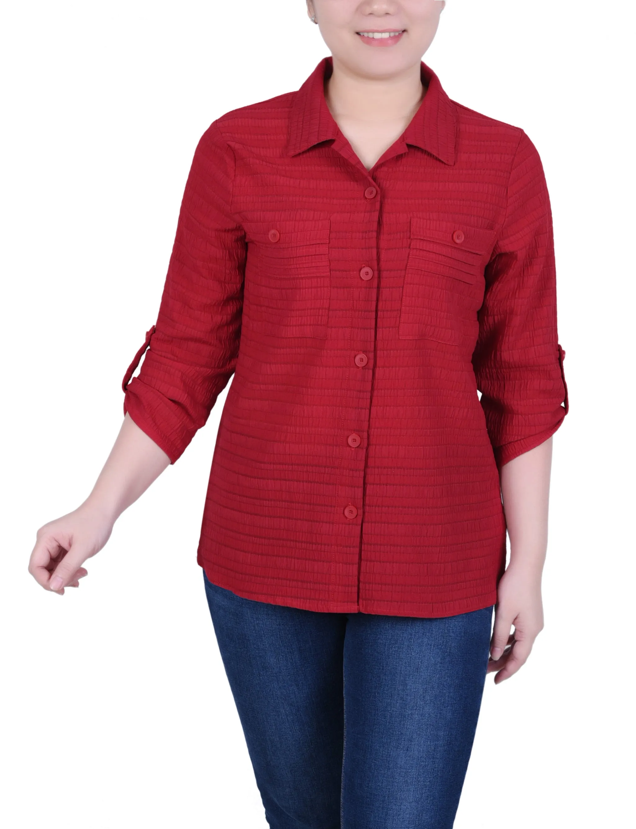 Long Roll Tab Sleeve Jacquard Blouse