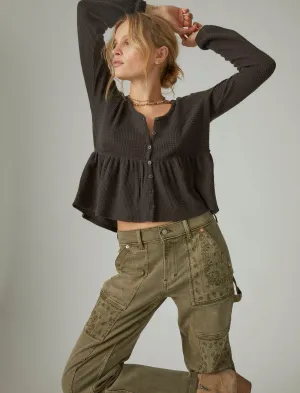 Lucky Brand Cloud Jersey Waffle Button Thru Top Jet Black Lucky Brand