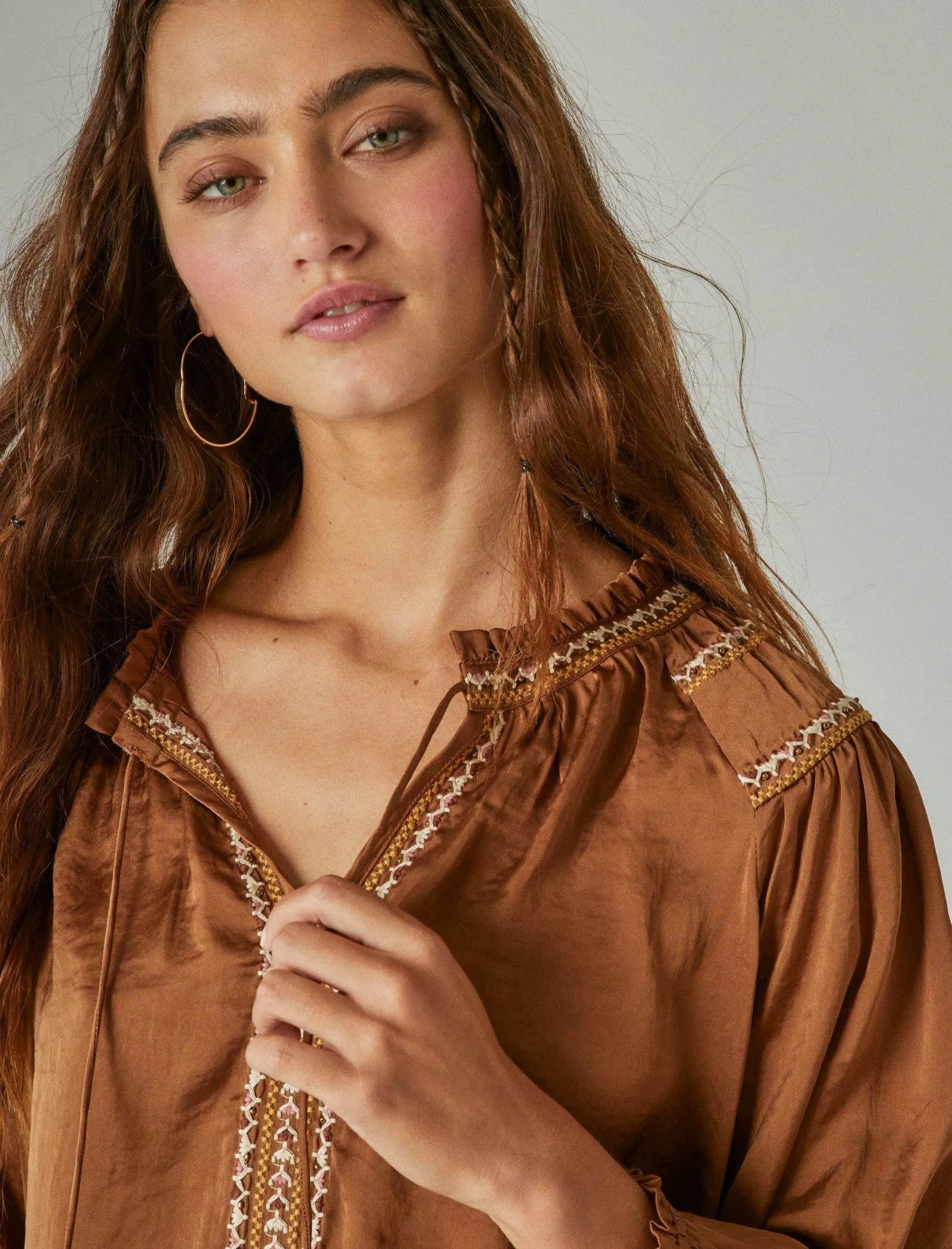 Lucky Brand Embroidered Satin Peasant Top Tapenade Lucky Brand