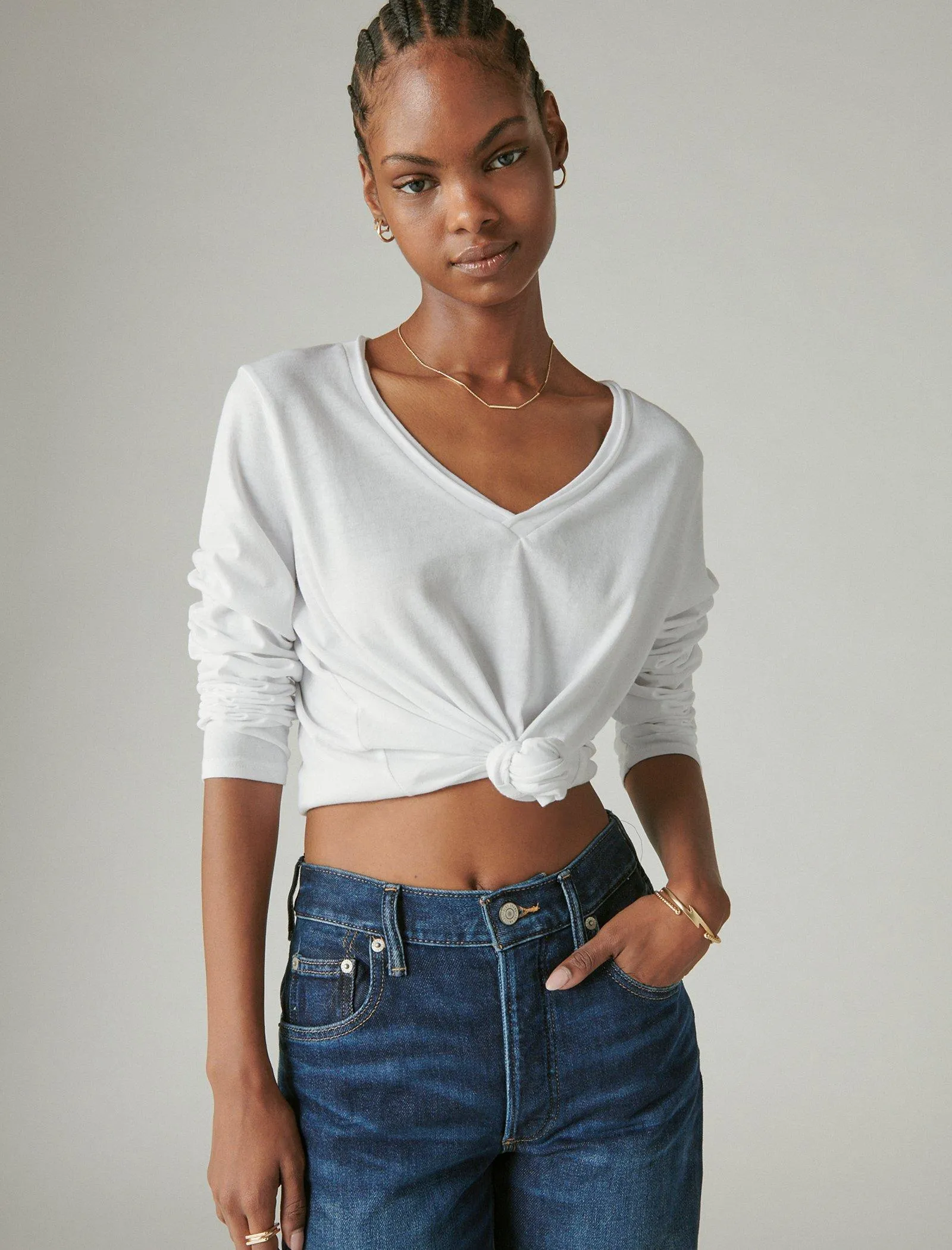 Lucky Brand Long Sleeve V Neck Tee Bright White Lucky Brand