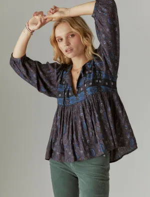 Lucky Brand Print Mix Peasant Blouse Black Multi Lucky Brand