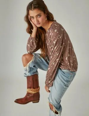 Lucky Brand Printed Blouson Top Brown Multi Lucky Brand