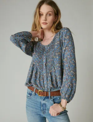 Lucky Brand Printed Button Down Pintuck Top Blue Multi Lucky Brand