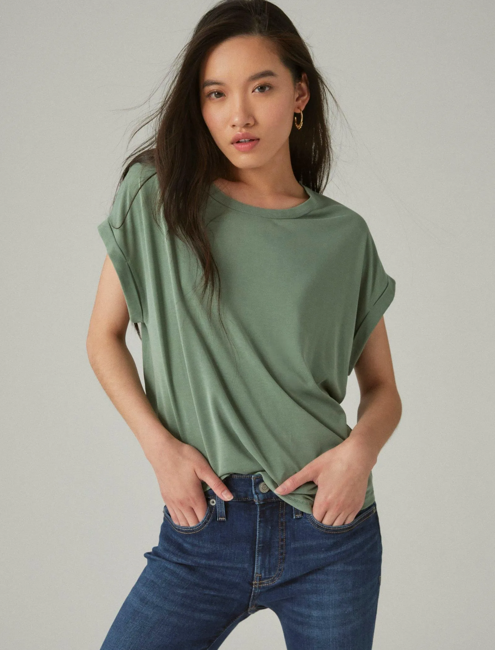 Lucky Brand Short Sleeve Sandwash Dolman Tee Loden Green Lucky Brand
