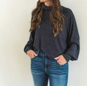 More Love Marled Rib Turtleneck Top In Charcoal