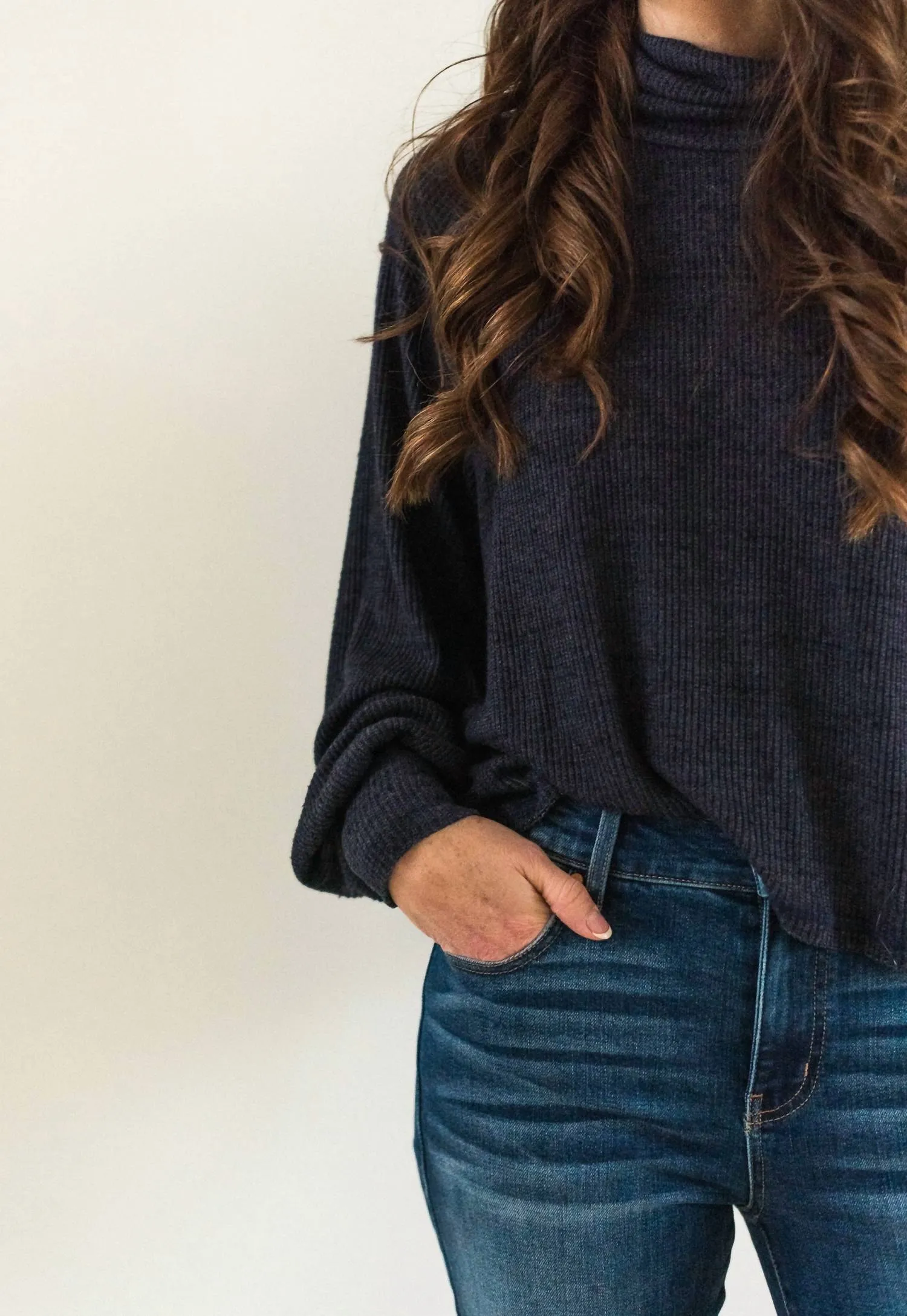 More Love Marled Rib Turtleneck Top In Charcoal