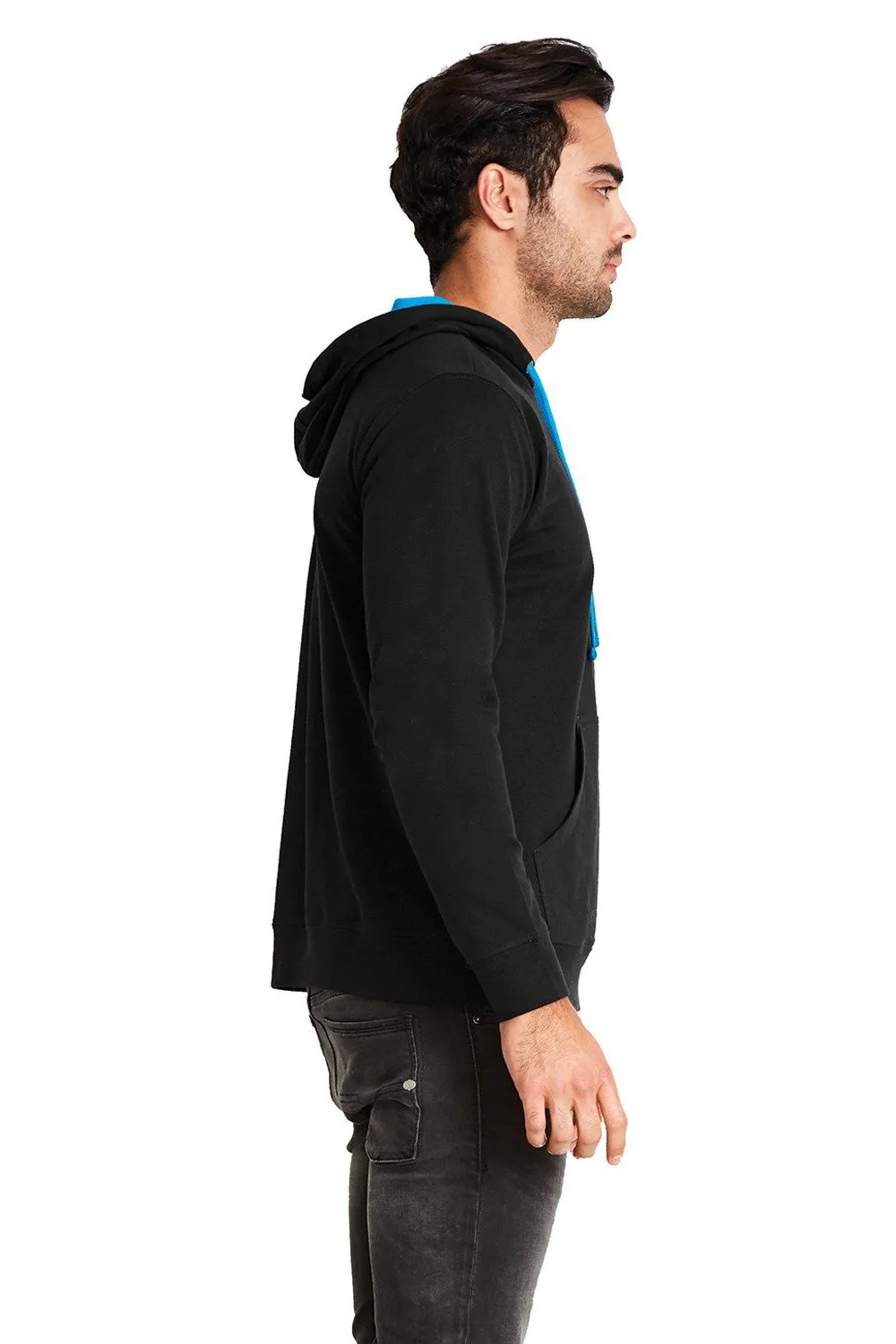 Next Level Mens French Terry Fleece Hooded Sweatshirt Hoodie w/ Pouch Pocket - Black/Turquoise Blue