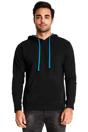 Next Level Mens French Terry Fleece Hooded Sweatshirt Hoodie w/ Pouch Pocket - Black/Turquoise Blue