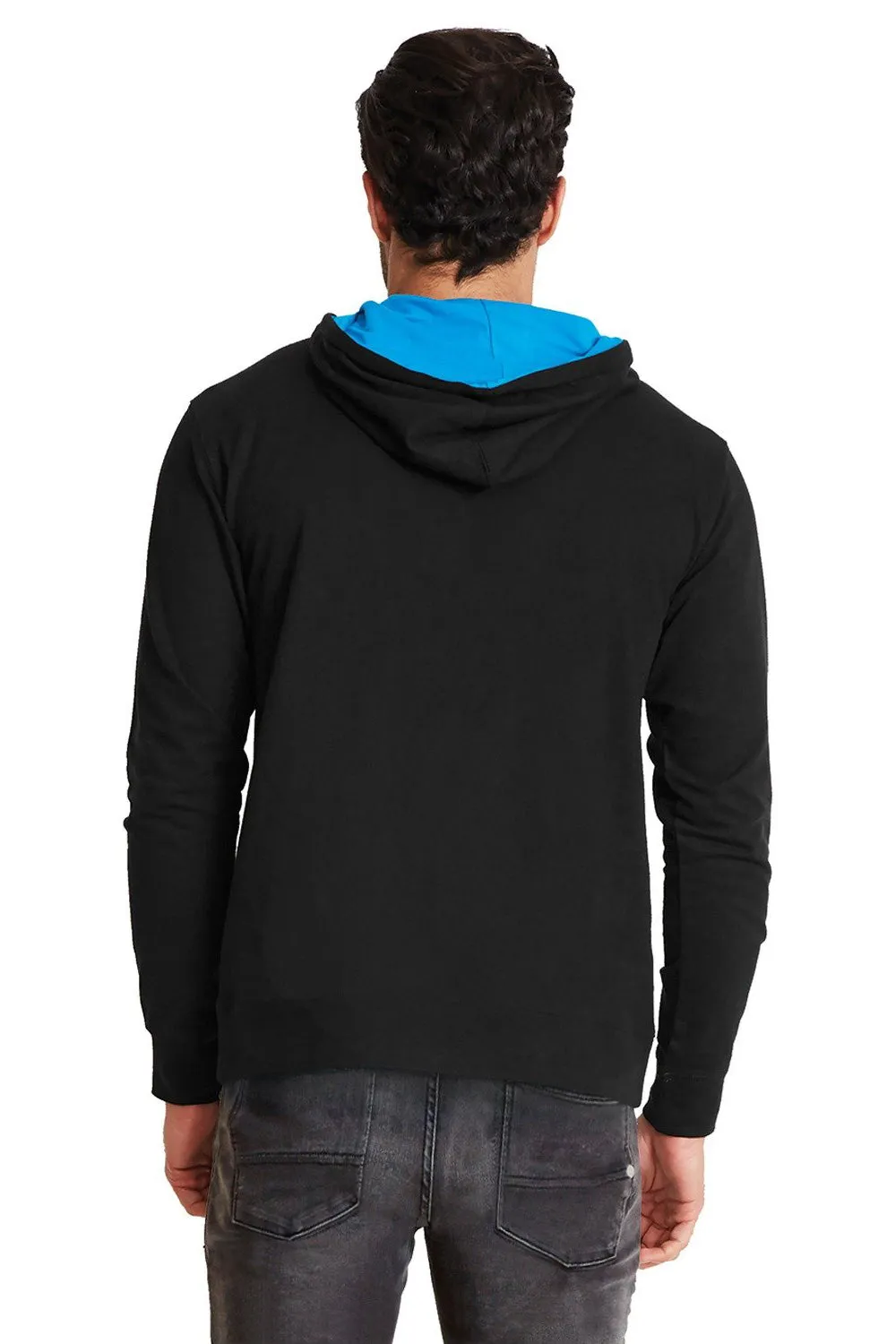Next Level Mens French Terry Fleece Hooded Sweatshirt Hoodie w/ Pouch Pocket - Black/Turquoise Blue