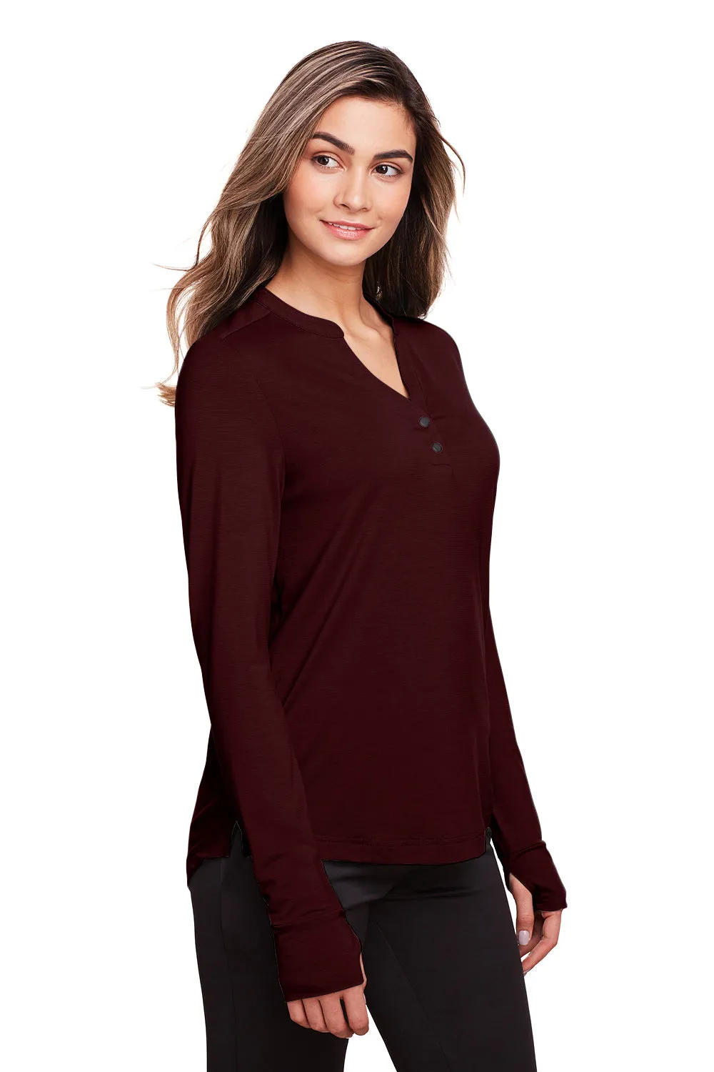 North End Womens Jaq Performance Moisture Wicking Long Sleeve Polo Shirt - Burgundy