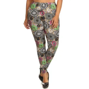 Plus Size Abstract Print, Full Length Leggings In A Slim Fitting Style With A Banded High Waist