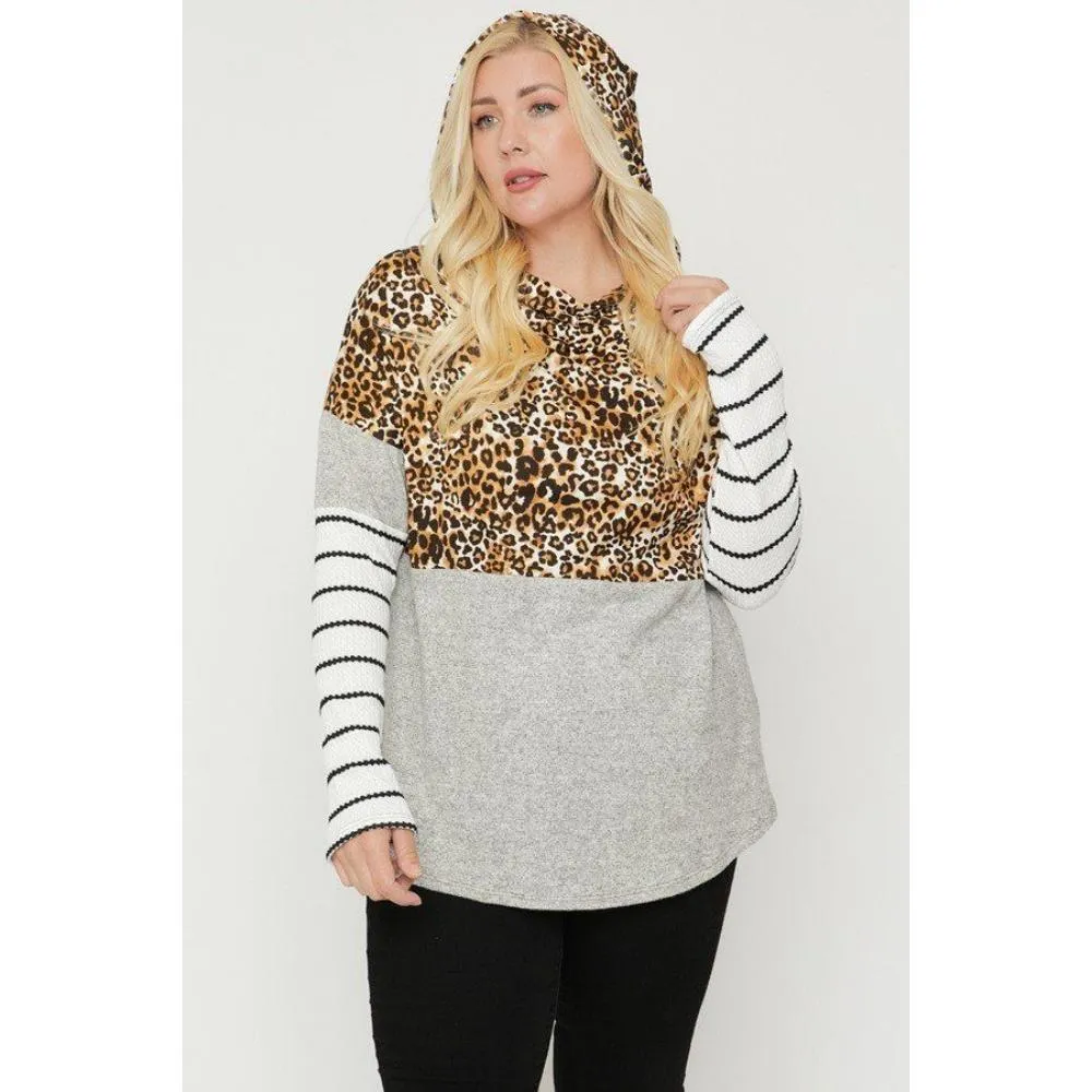 Plus Size Color Block Hoodie Featuring A Cheetah Print