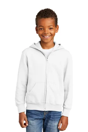 Port & Company Youth Core Pill Resistant Fleece Full Zip Hooded Sweatshirt Hoodie w/ Pockets - White