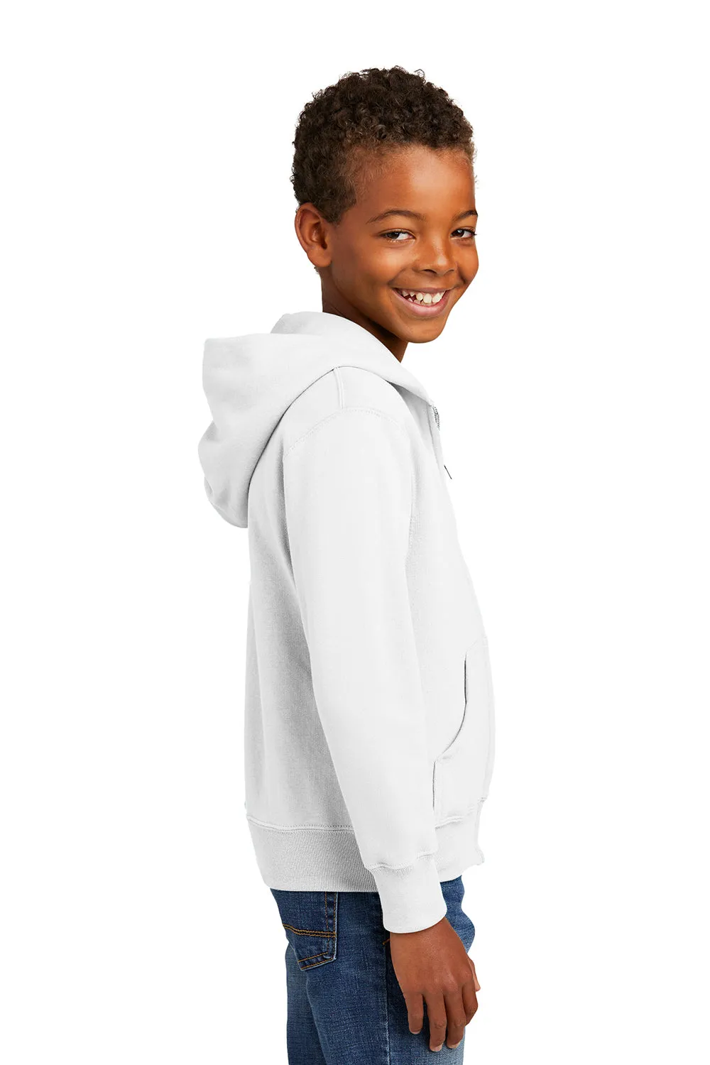 Port & Company Youth Core Pill Resistant Fleece Full Zip Hooded Sweatshirt Hoodie w/ Pockets - White