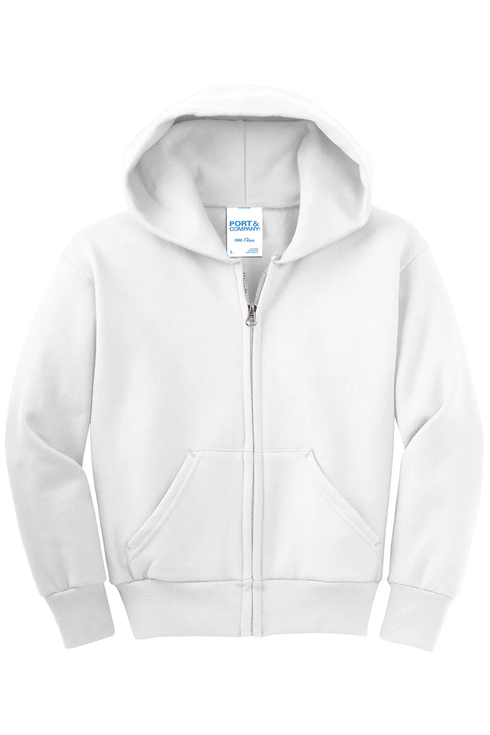 Port & Company Youth Core Pill Resistant Fleece Full Zip Hooded Sweatshirt Hoodie w/ Pockets - White