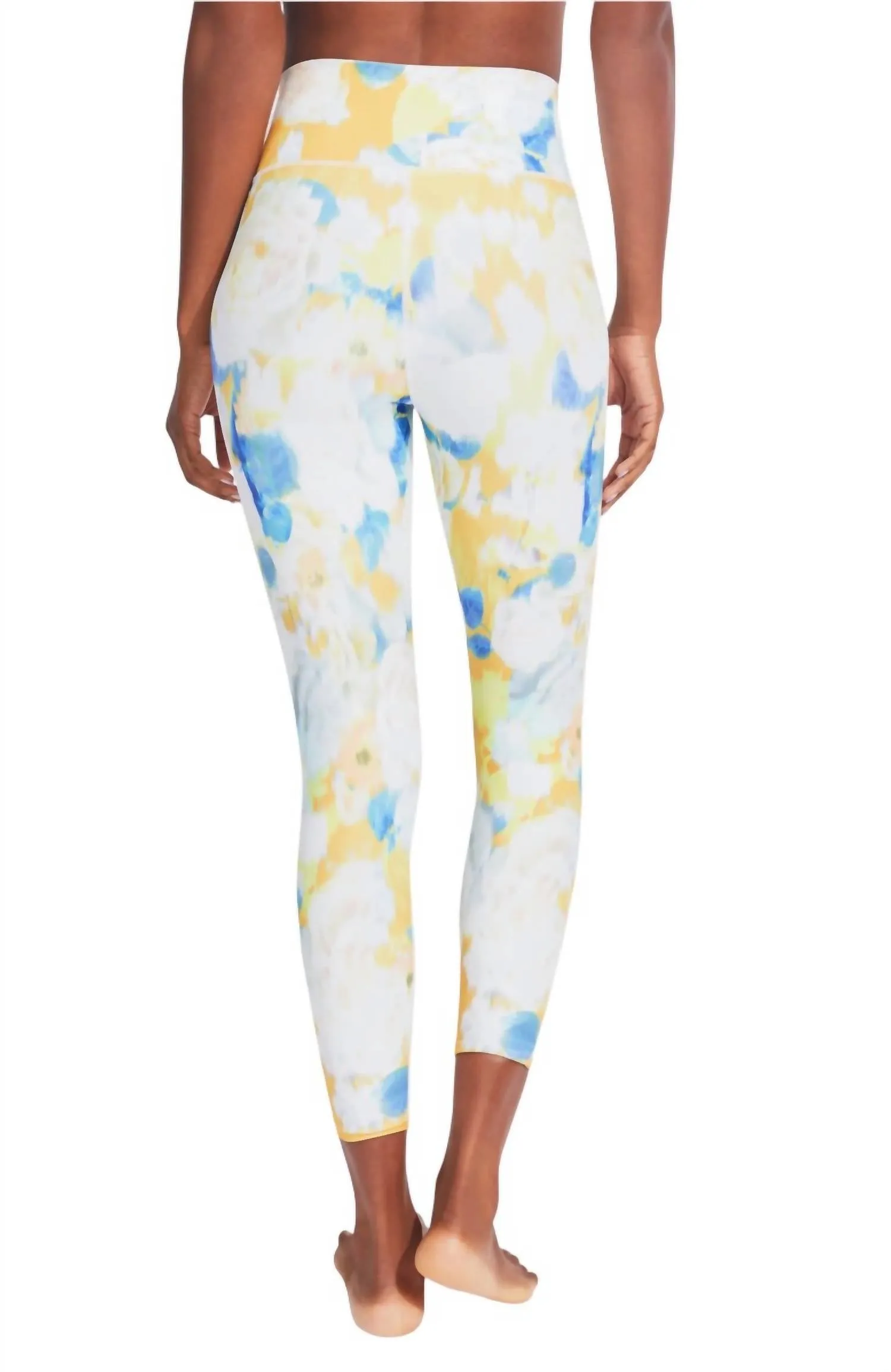 Printed Folded Waistband High Rise Leggings In Mellow Yellow