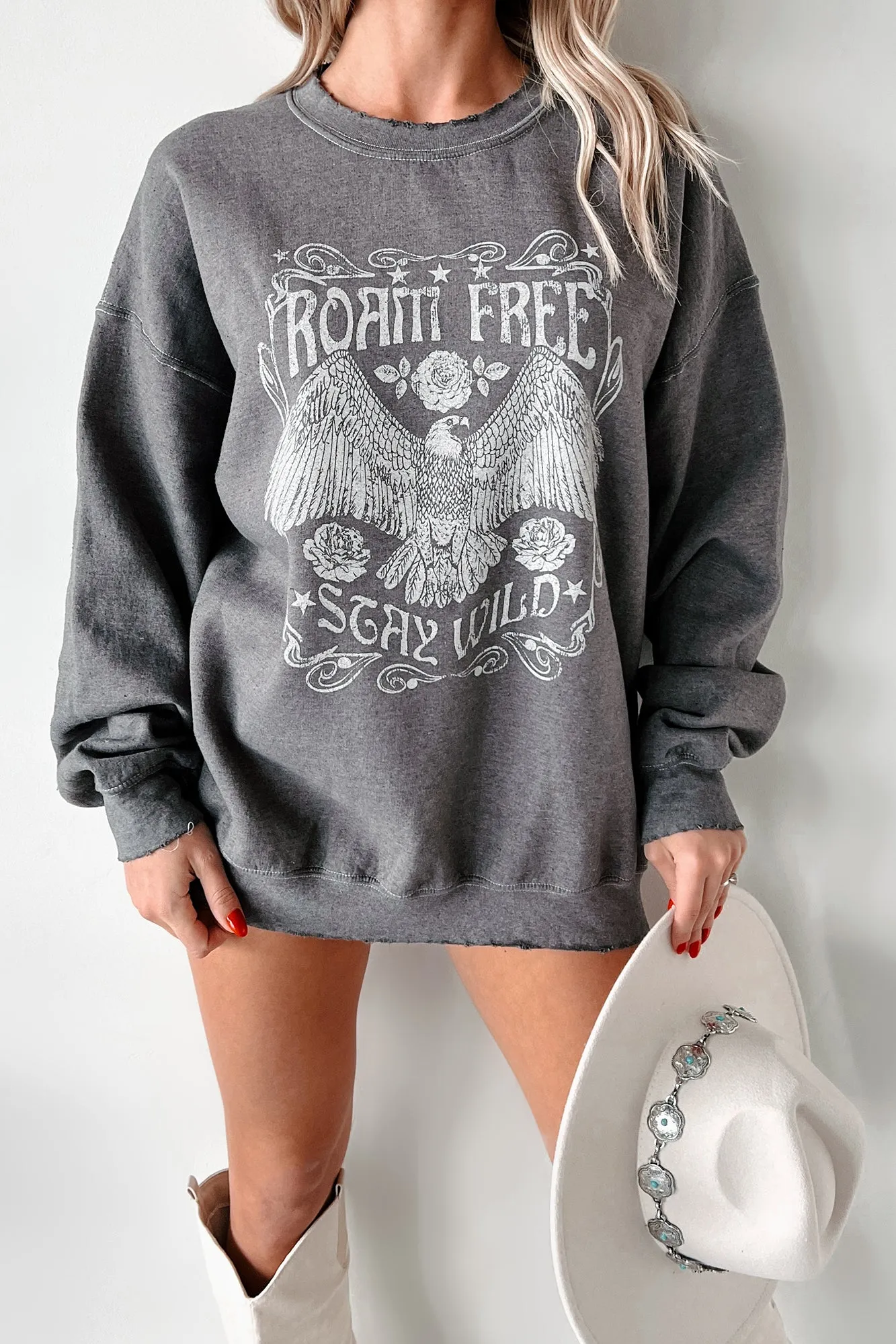"Roam Free" Oversized Distressed Graphic Sweatshirt (Charcoal)