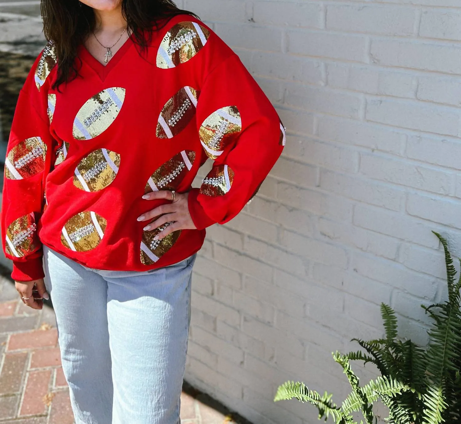 Rhinestone Lace Football Sweatshirt In Red