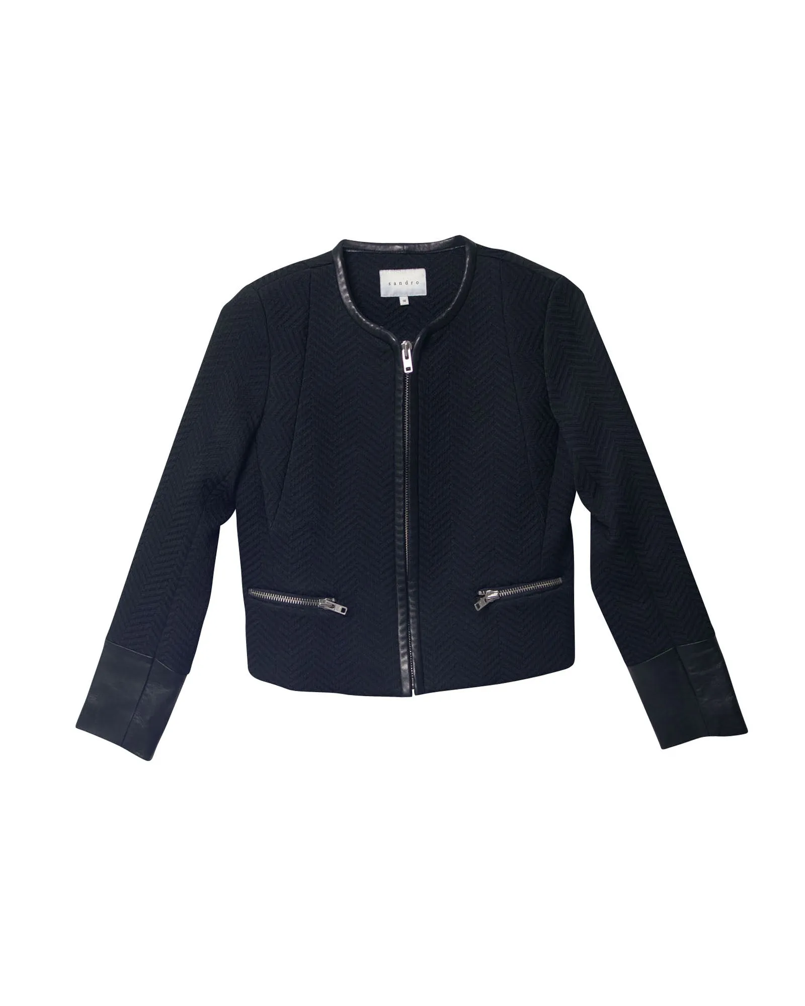 Sandro Paris Jacket with Leather Cuffs in Black Polyester