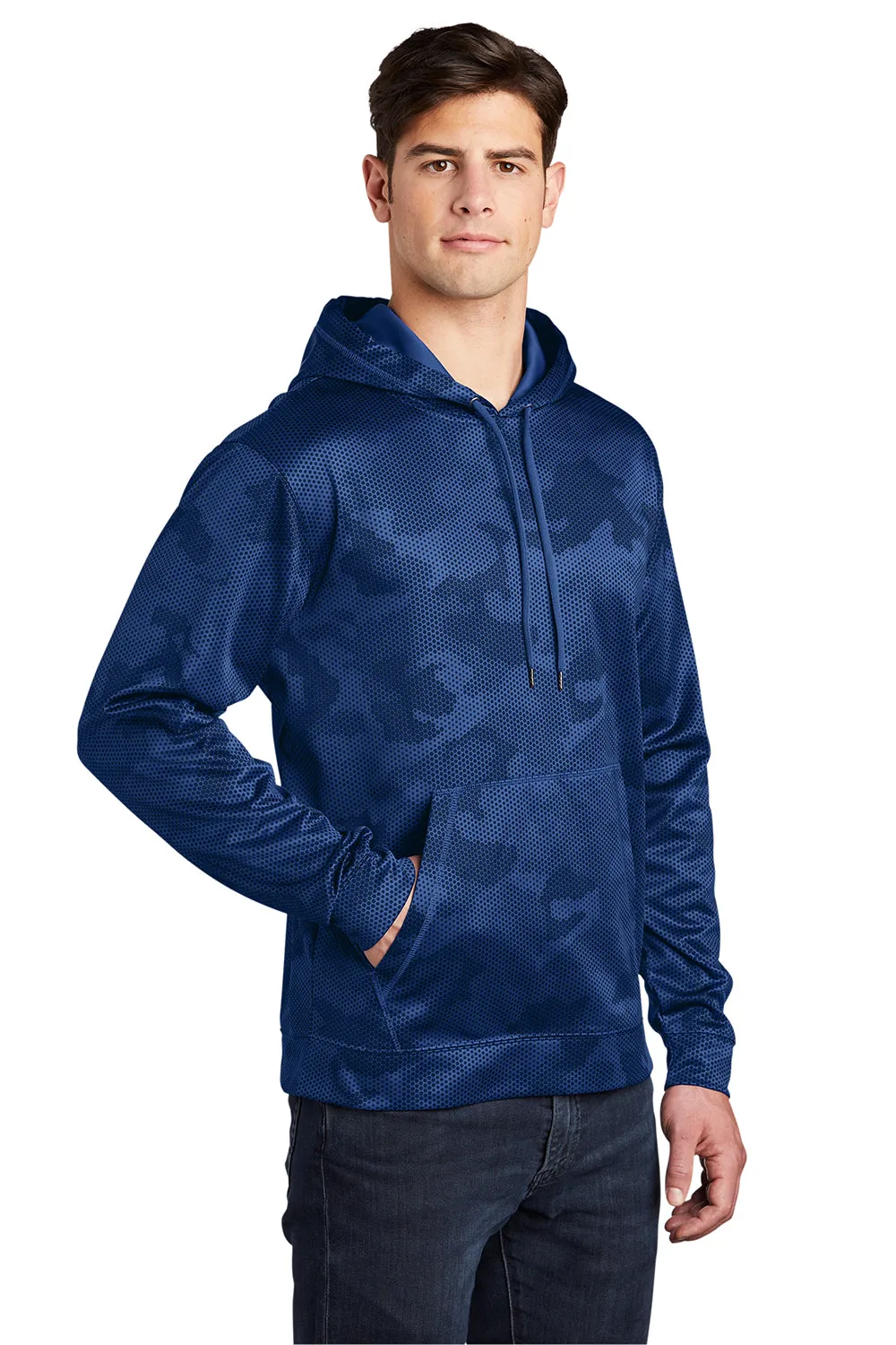 Sport-Tek Mens Sport-Wick CamoHex Moisture Wicking Fleece Hooded Sweatshirt Hoodie w/ Pouch Pocket - True Royal Blue