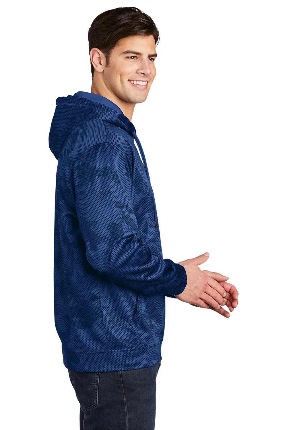 Sport-Tek Mens Sport-Wick CamoHex Moisture Wicking Fleece Hooded Sweatshirt Hoodie w/ Pouch Pocket - True Royal Blue