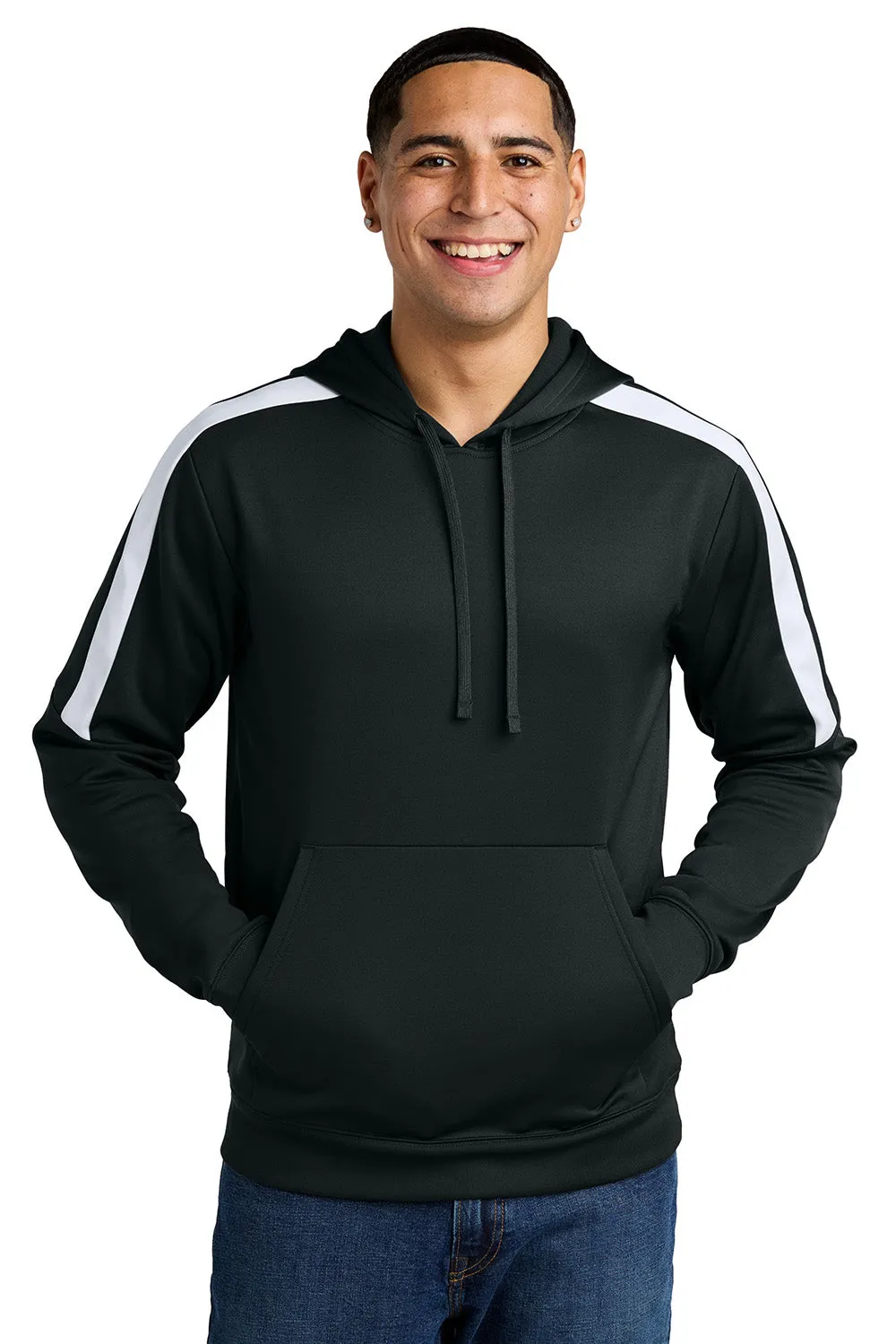 Sport-Tek Mens Sport-Wick Moisture Wicking United Fleece Hooded Sweatshirt Hoodie w/ Pouch Pocket - Black/White