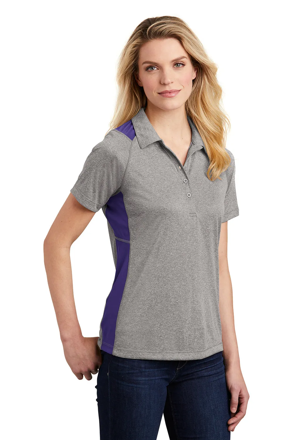Sport-Tek Womens Heather Contender Moisture Wicking Short Sleeve Polo Shirt - Heather Vintage Grey/Purple