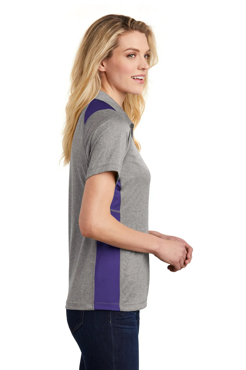 Sport-Tek Womens Heather Contender Moisture Wicking Short Sleeve Polo Shirt - Heather Vintage Grey/Purple