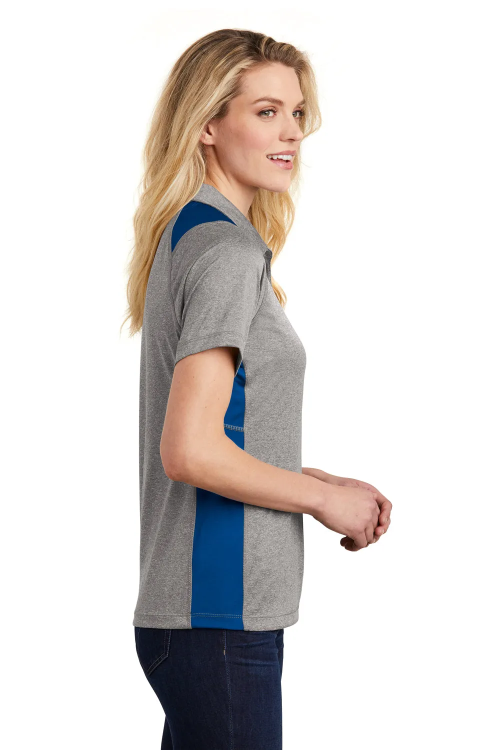 Sport-Tek Womens Heather Contender Moisture Wicking Short Sleeve Polo Shirt - Heather Vintage Grey/Royal Blue