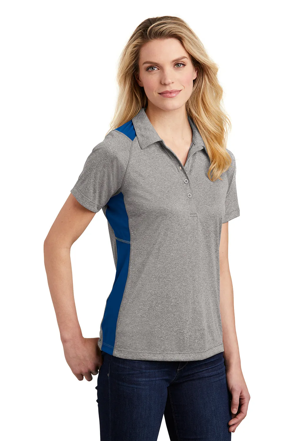 Sport-Tek Womens Heather Contender Moisture Wicking Short Sleeve Polo Shirt - Heather Vintage Grey/Royal Blue