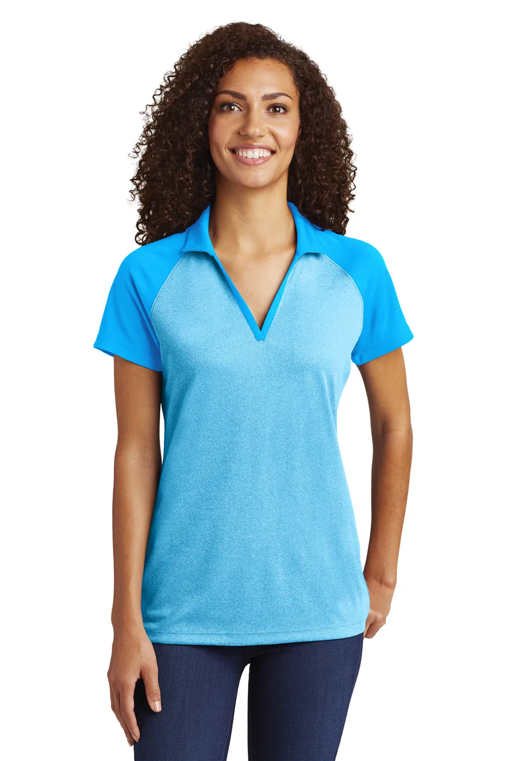 Sport-Tek Womens RacerMesh Moisture Wicking Short Sleeve Polo Shirt - Heather Pond Blue/Pond Blue - Closeout