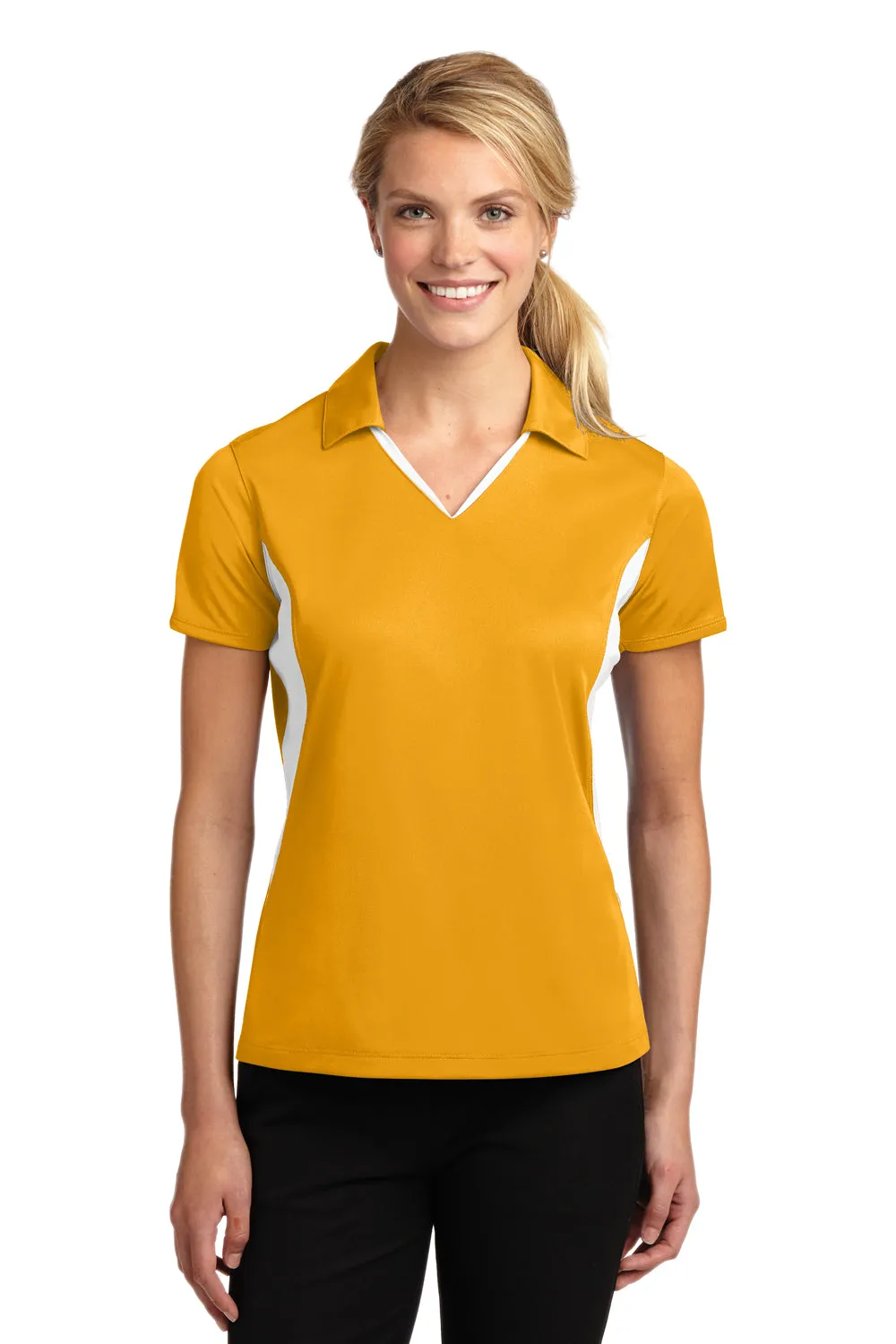 Sport-Tek Womens Sport-Wick Moisture Wicking Short Sleeve Polo Shirt - Gold/White - Closeout
