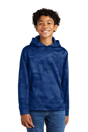Sport-Tek Youth Sport-Wick CamoHex Moisture Wicking Fleece Hooded Sweatshirt Hoodie w/ Pouch Pocket - True Royal Blue
