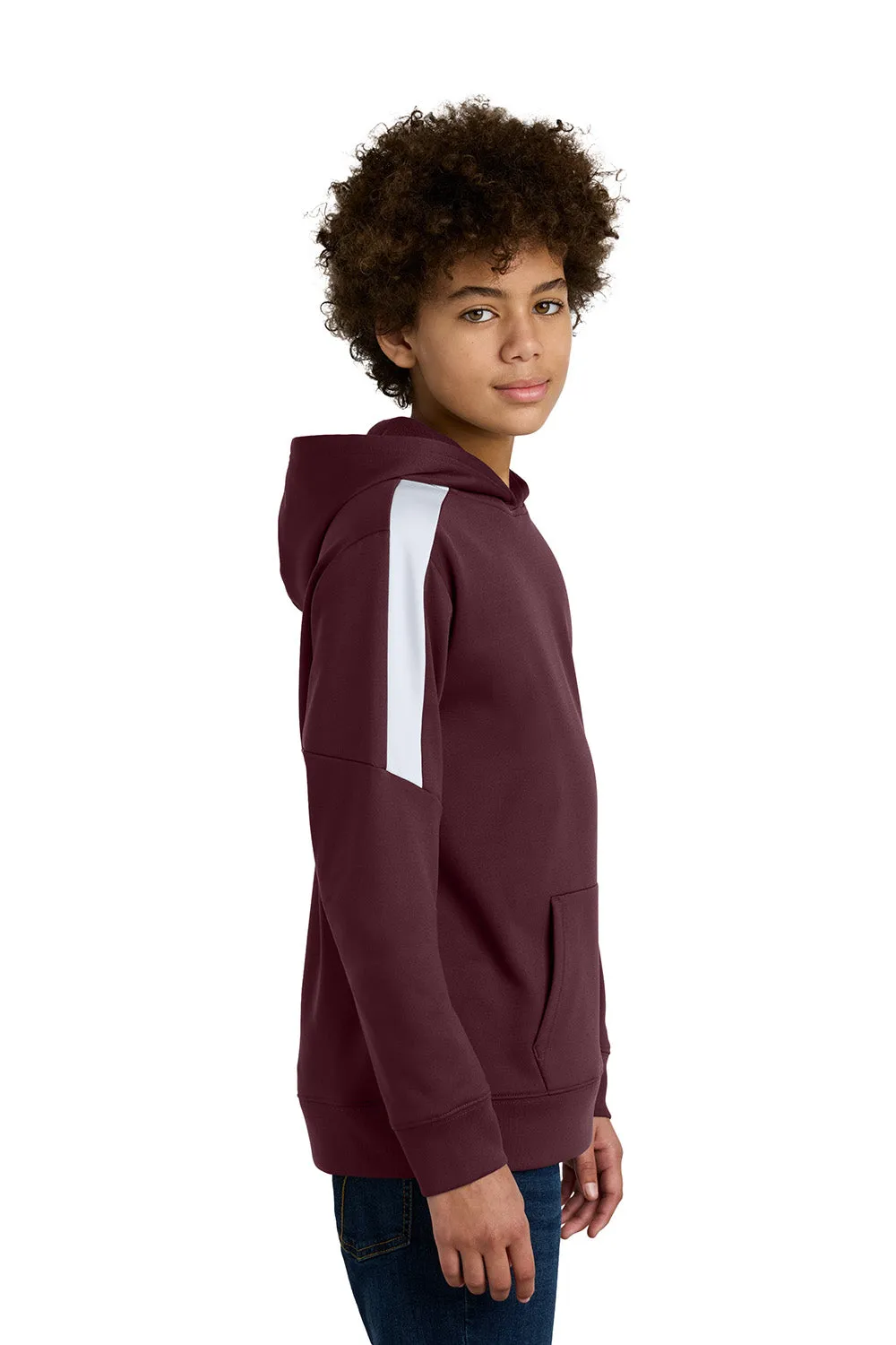 Sport-Tek Youth Sport-Wick Moisture Wicking United Fleece Hooded Sweatshirt Hoodie w/ Pouch Pocket - Maroon/White