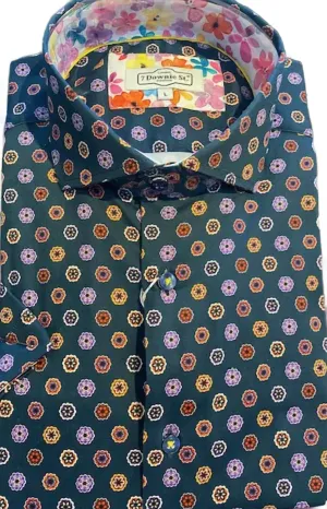 Stretch Sport Shirt In Navy With Purple/rust Medallion