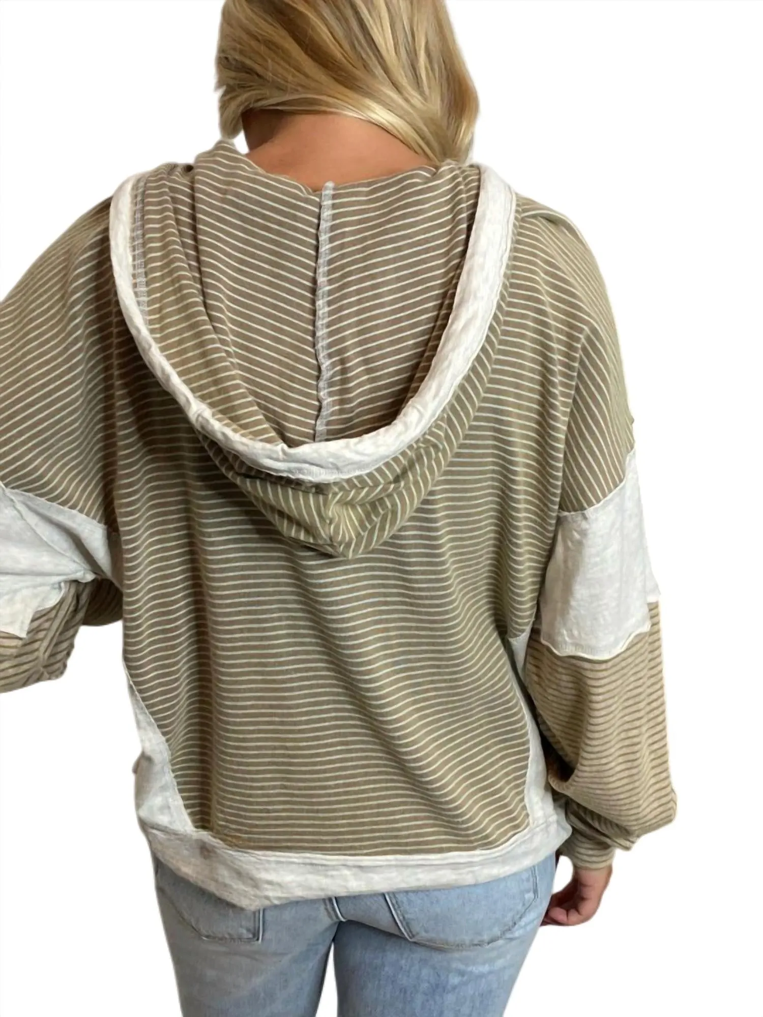 Striped V-Neck Hoodie In Mushroom