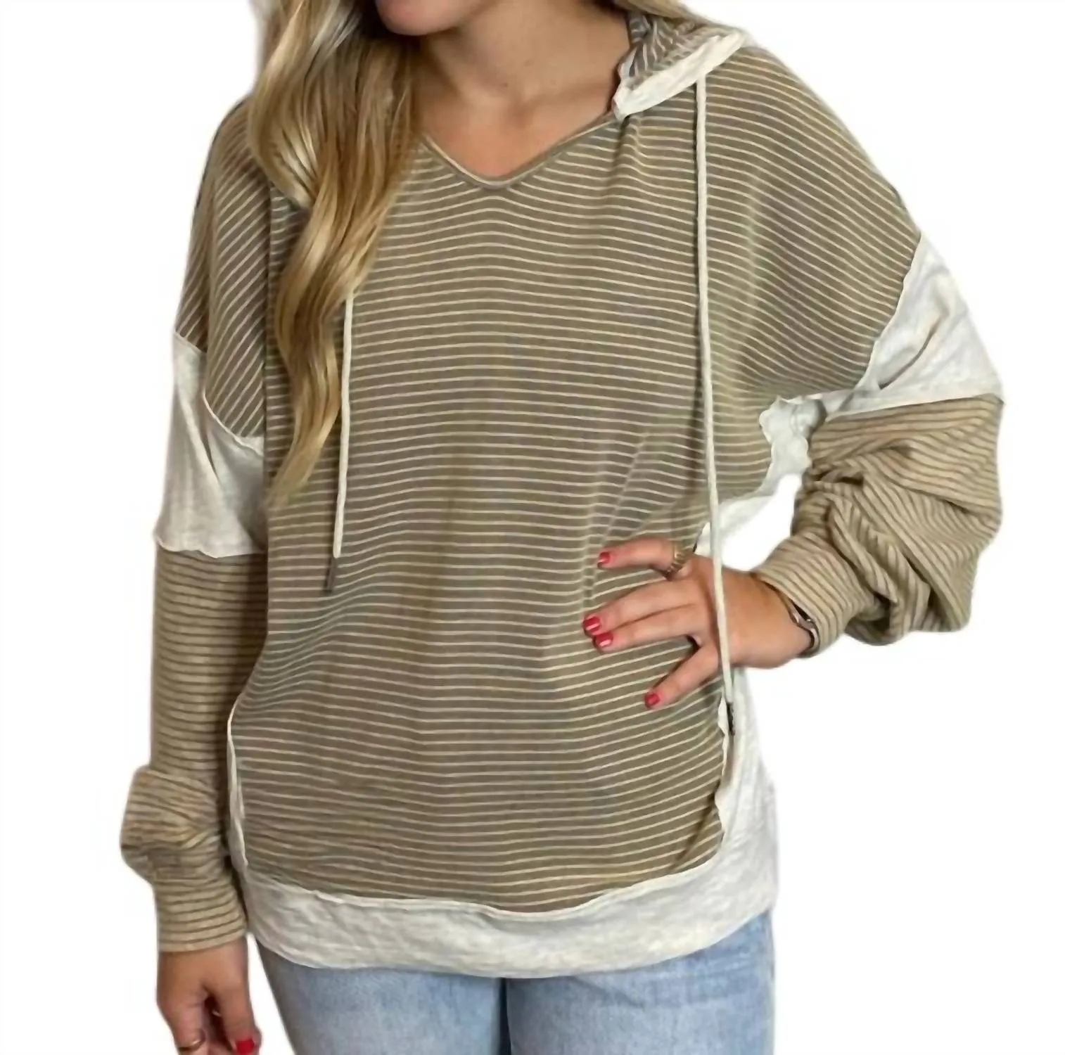 Striped V-Neck Hoodie In Mushroom