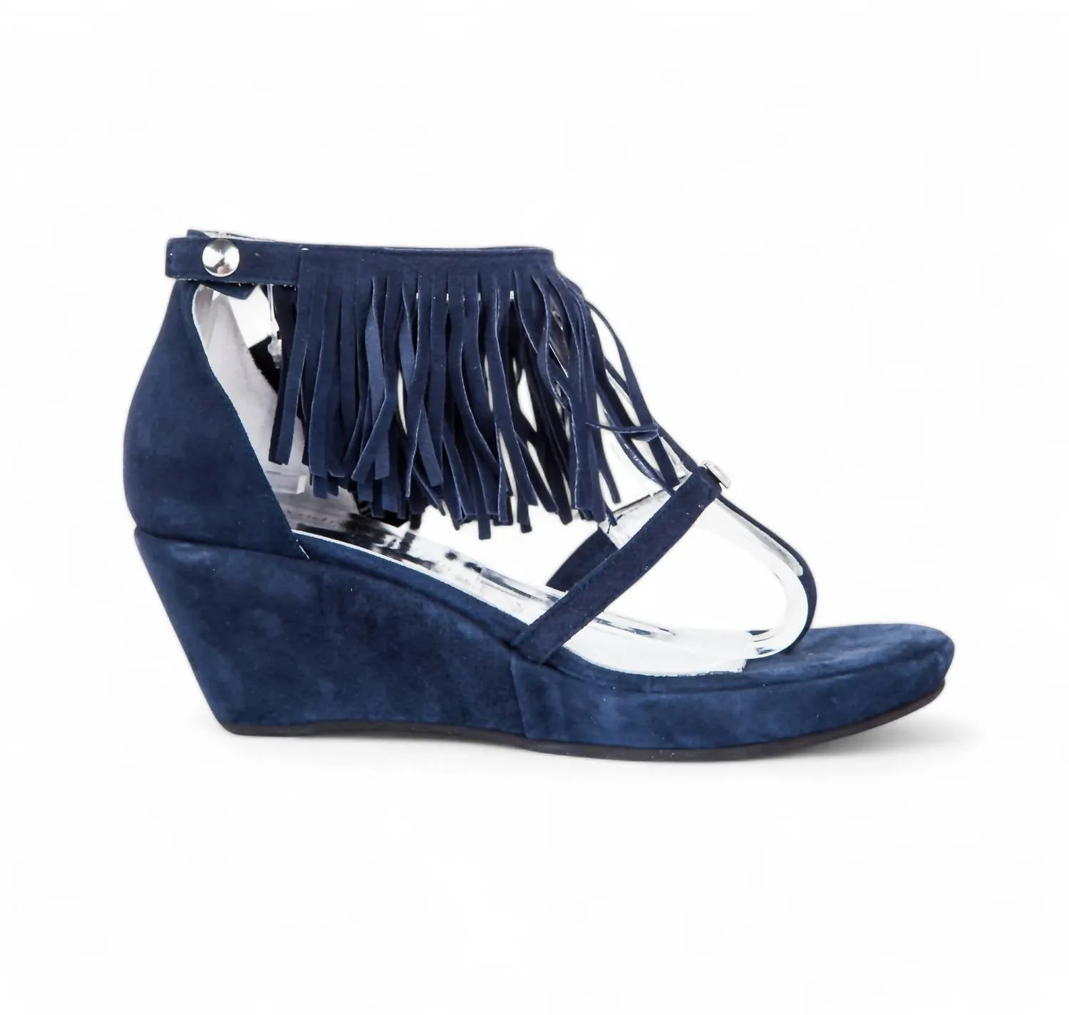 Suede Leather Fringe Wedge Sandals In Blue