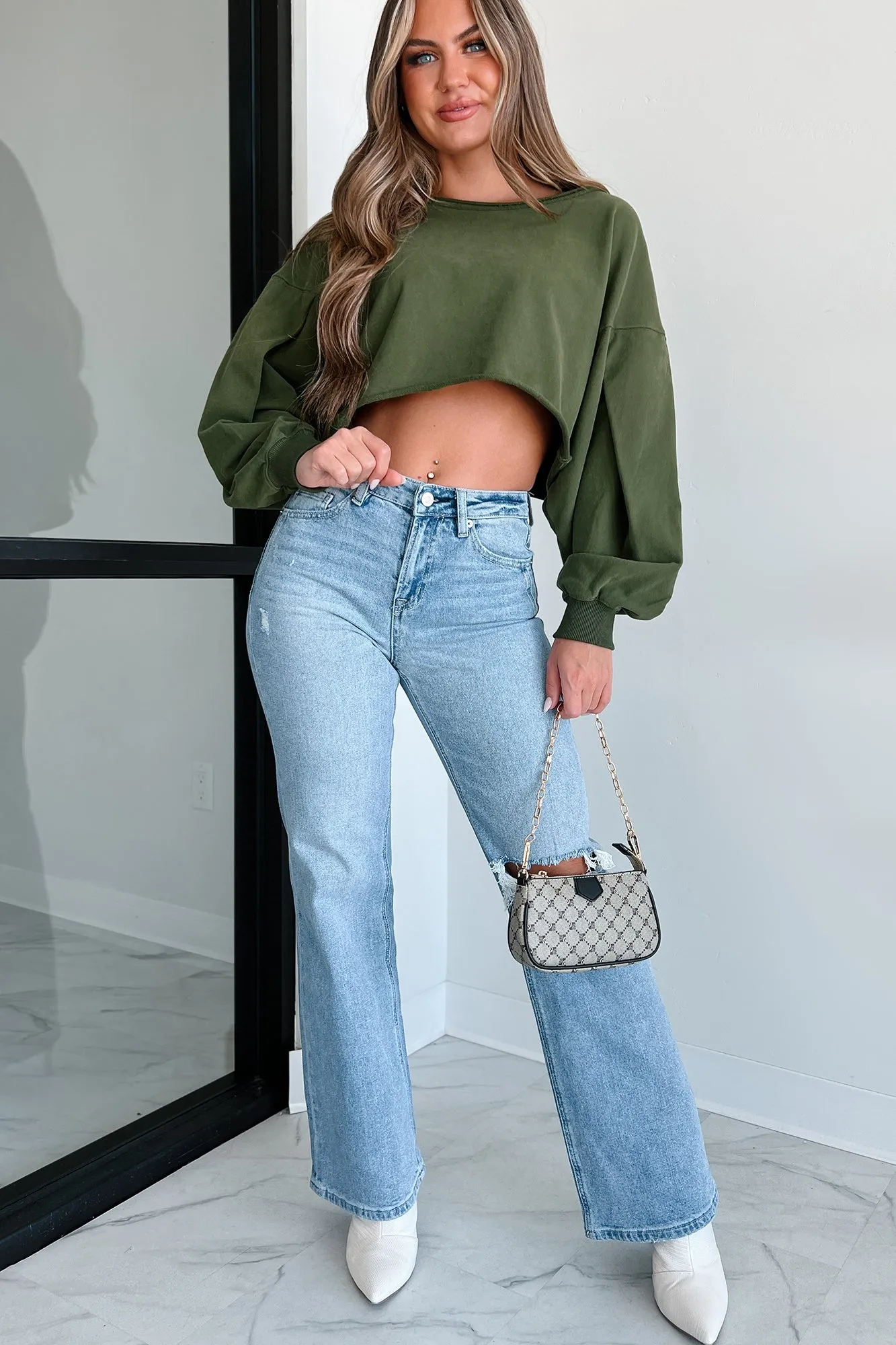 Swapping Stories Oversized Crop Pullover (Olive)