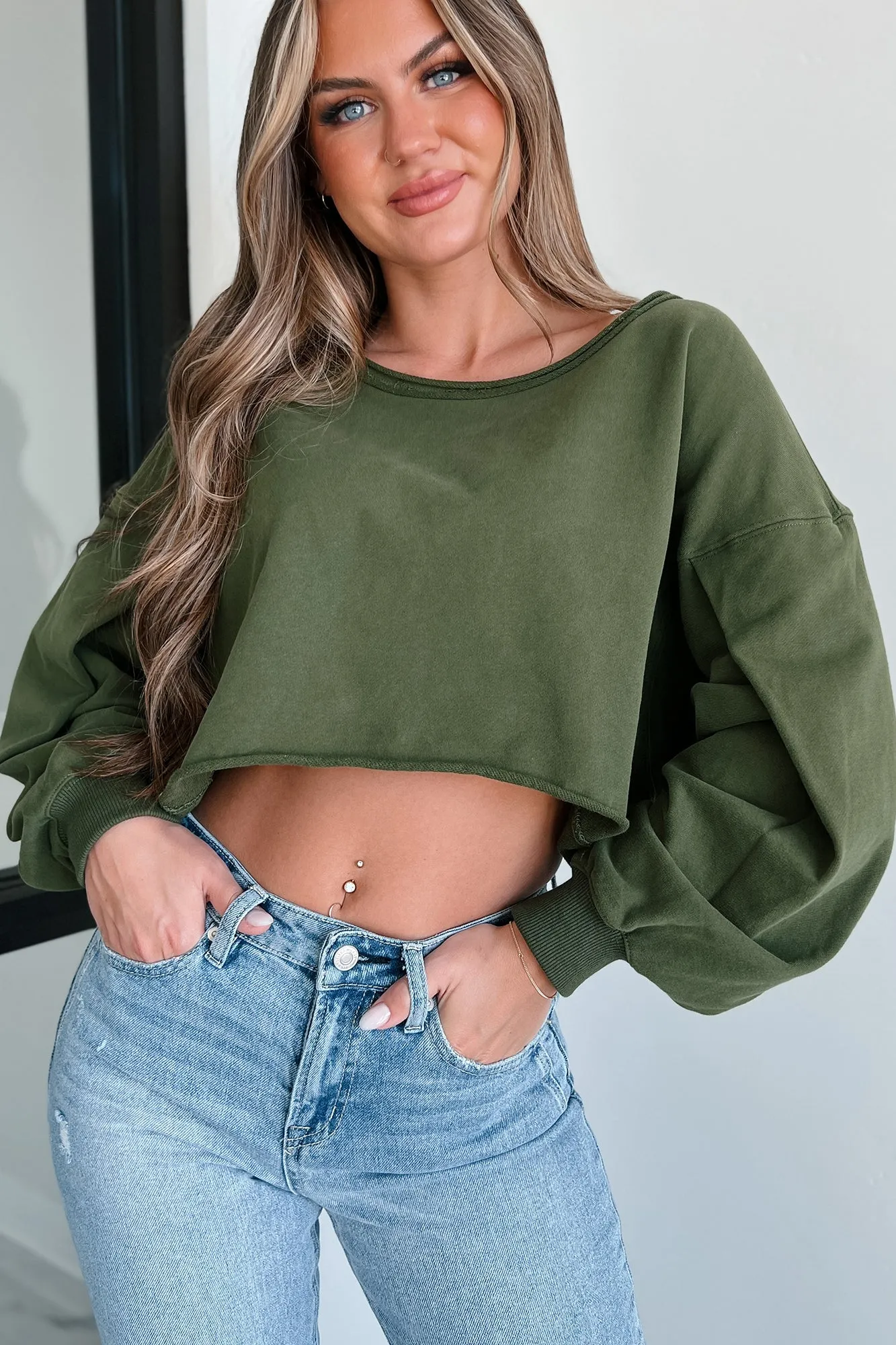 Swapping Stories Oversized Crop Pullover (Olive)
