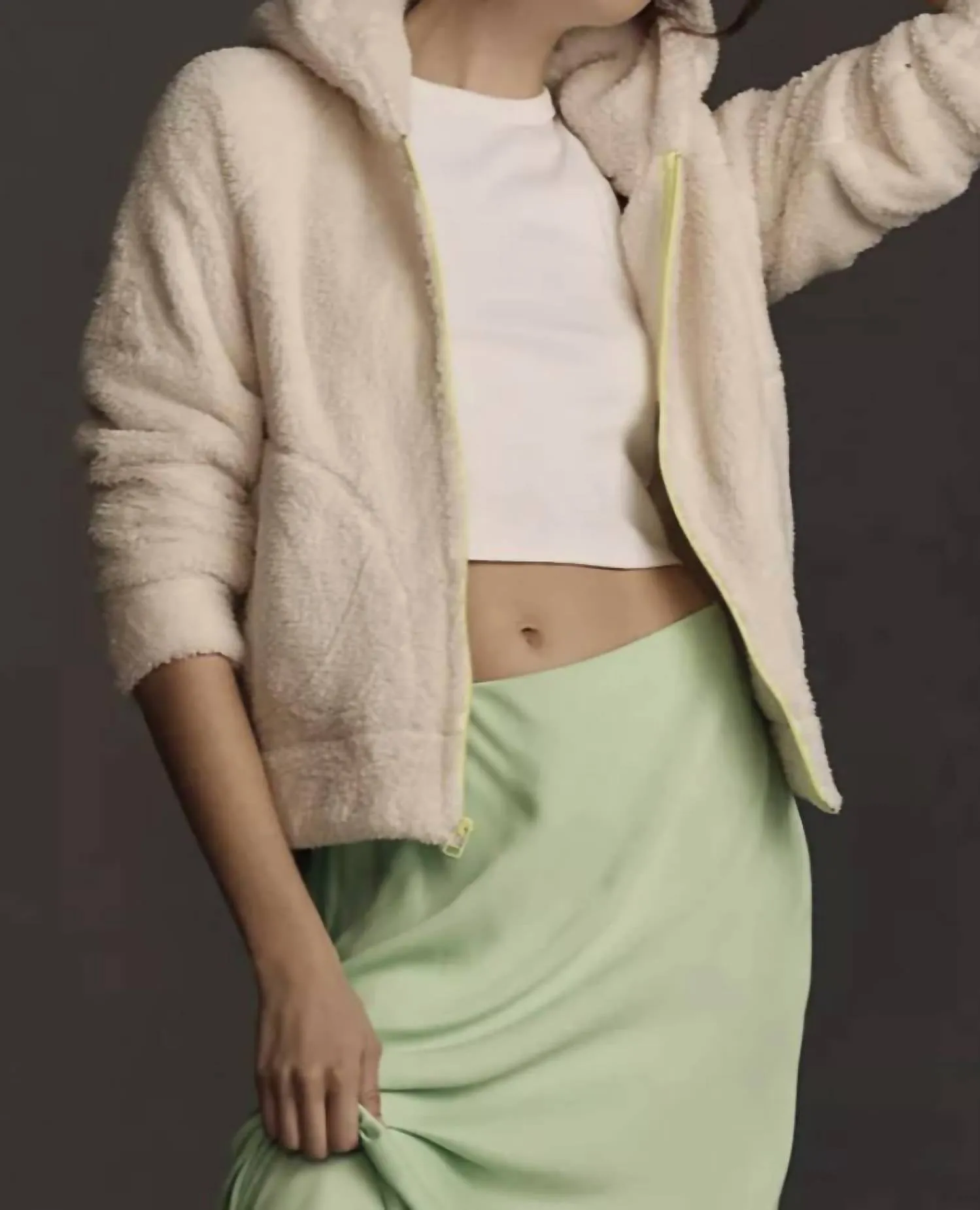 The Faux Fur Zip Hoodie In Cream/lime