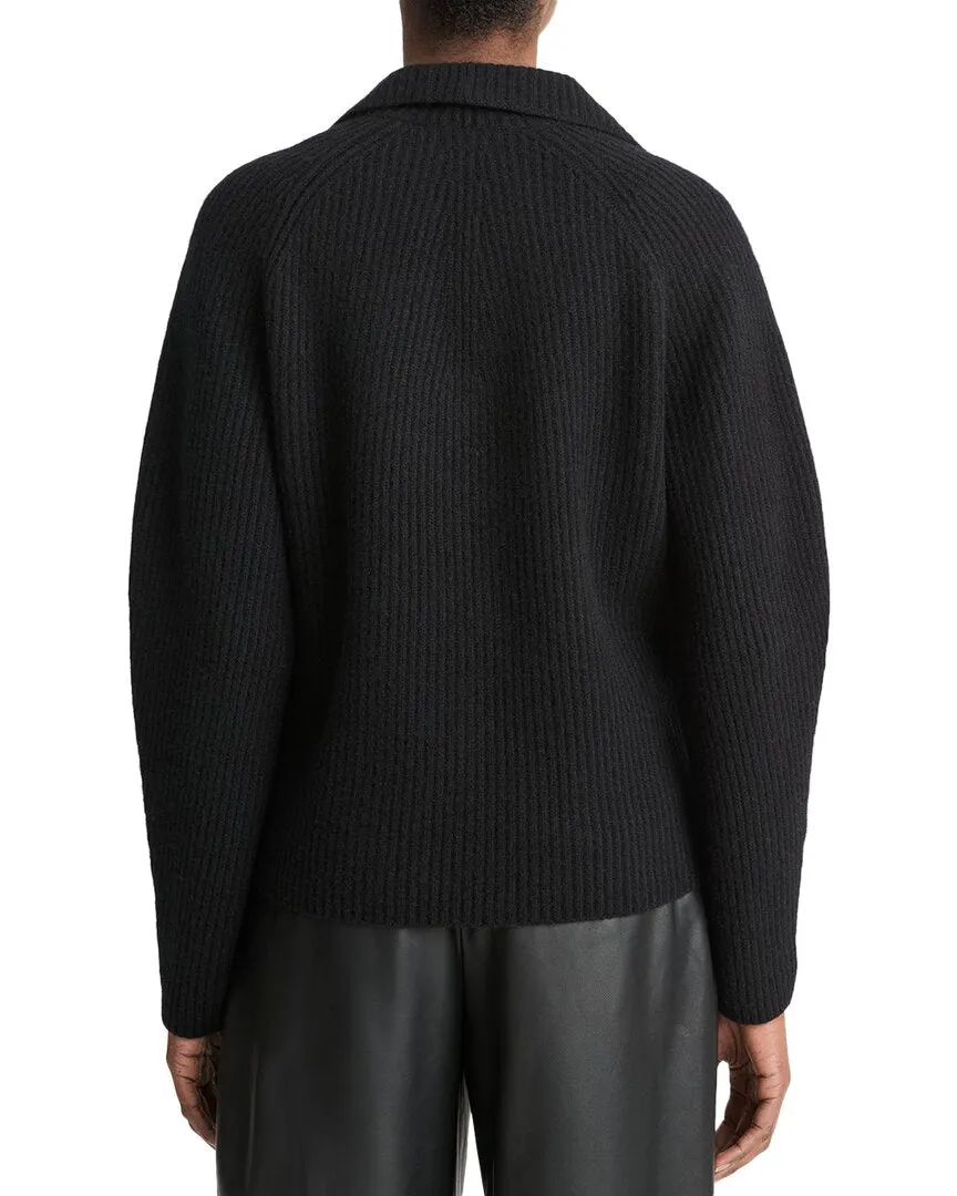 Vince Leather Trim Ribbed Wool & Cashmere-Blend Polo Shirt