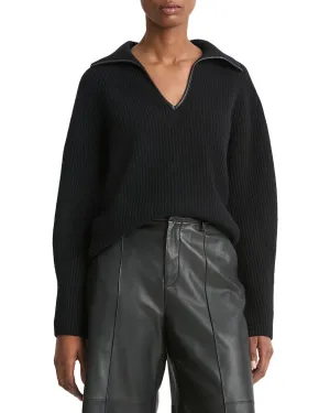 Vince Leather Trim Ribbed Wool & Cashmere-Blend Polo Shirt