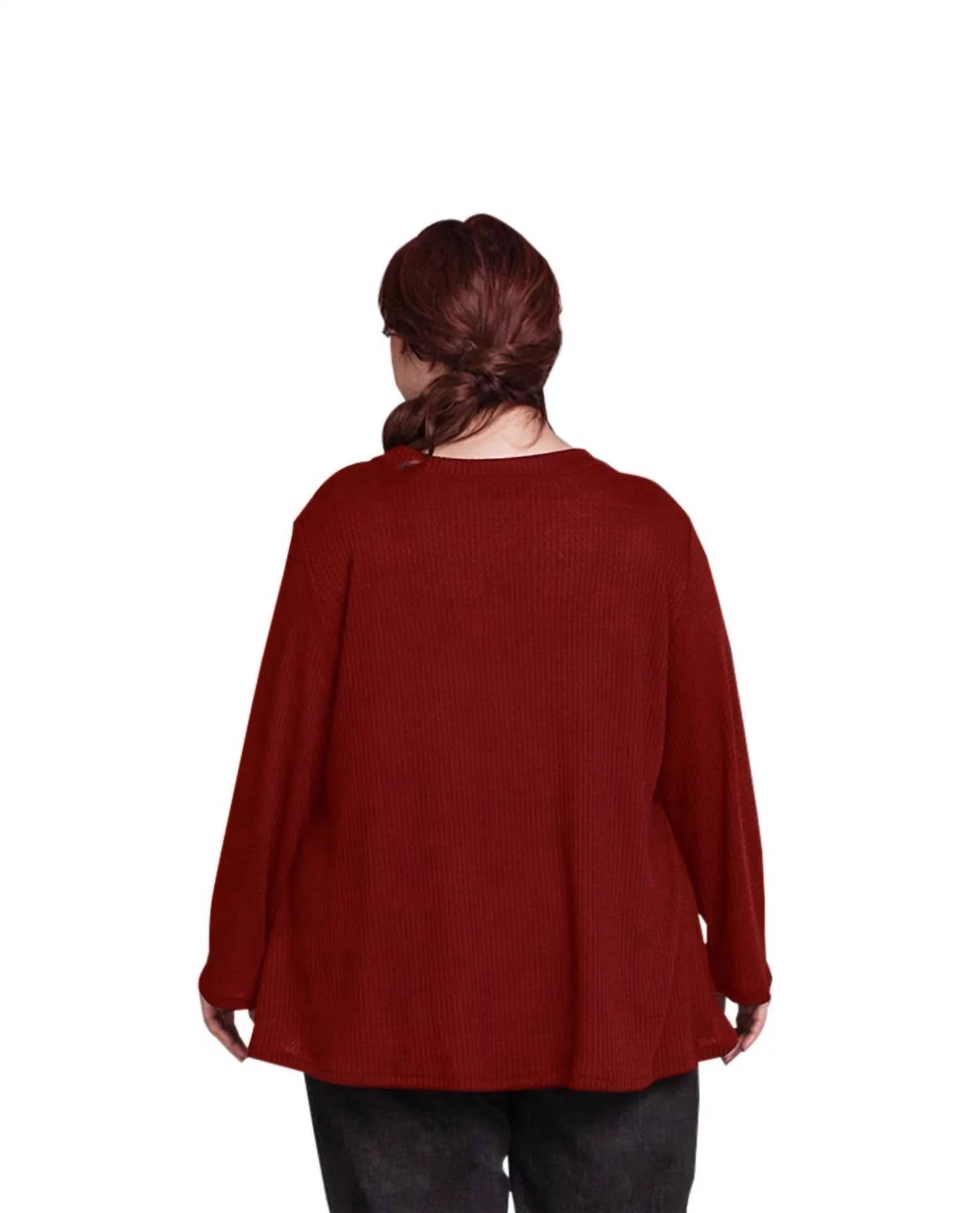 Waffle Knit Long Sleeve Top - Plus In Burgundy