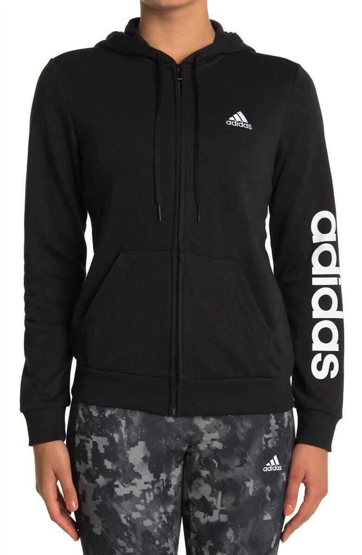 Women's Essential Linear Full Zip Logo Hoodie In Black