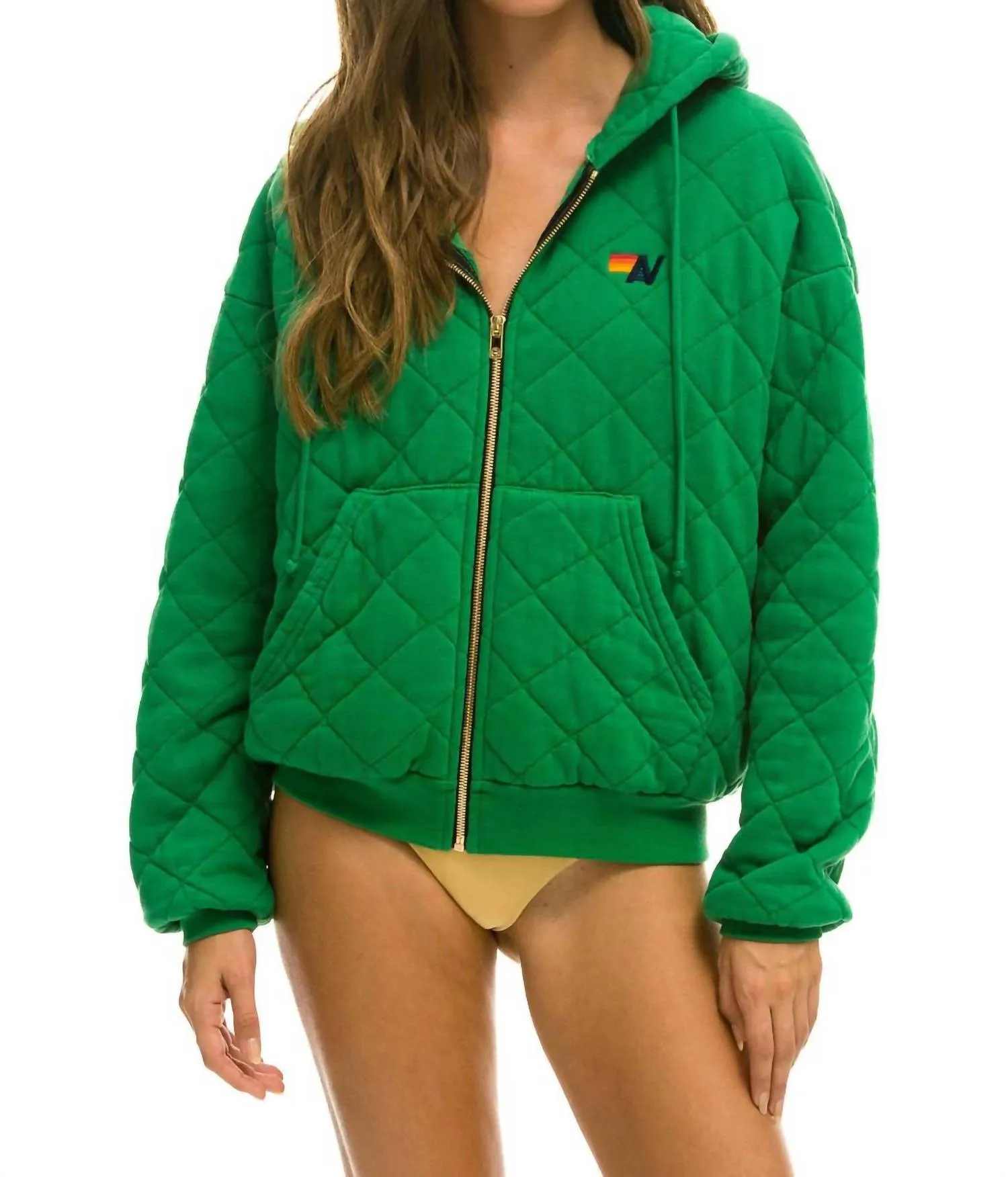 Women's Quilted Zip Hoodie Relaxed In Kelly Green