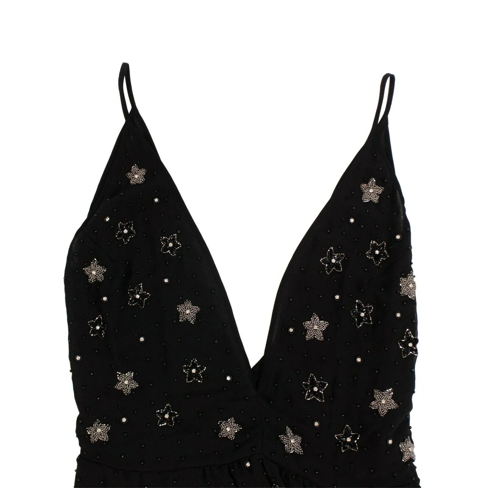 Women's Silk Star Beaded Asymmetric Long Dress -  Black