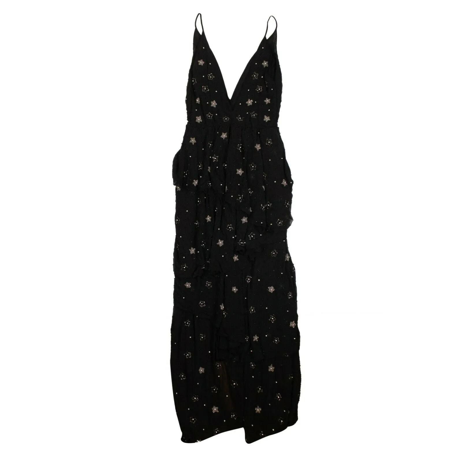 Women's Silk Star Beaded Asymmetric Long Dress -  Black