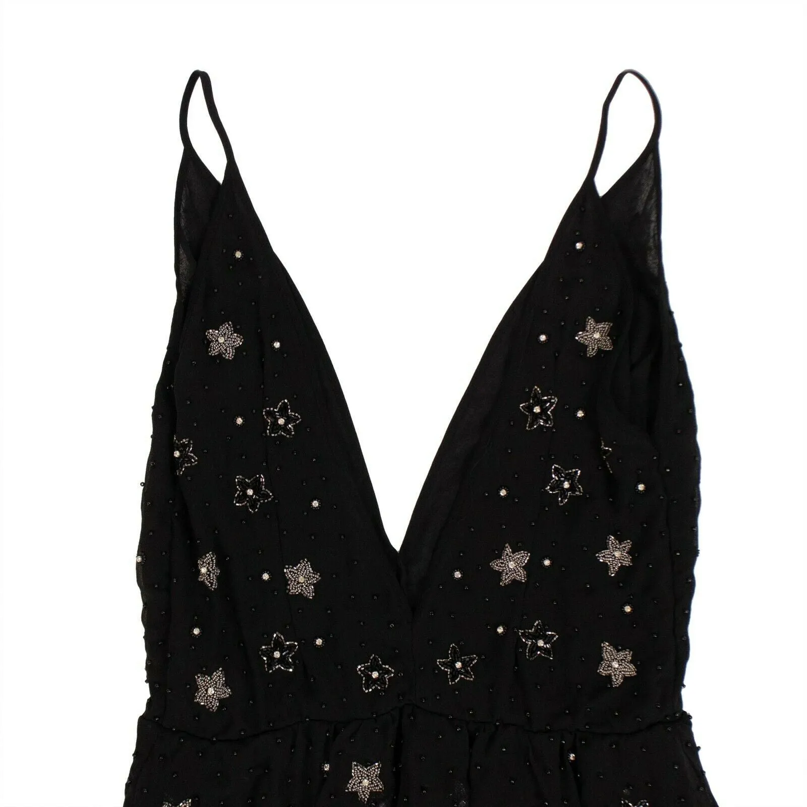 Women's Silk Star Beaded Asymmetric Long Dress -  Black